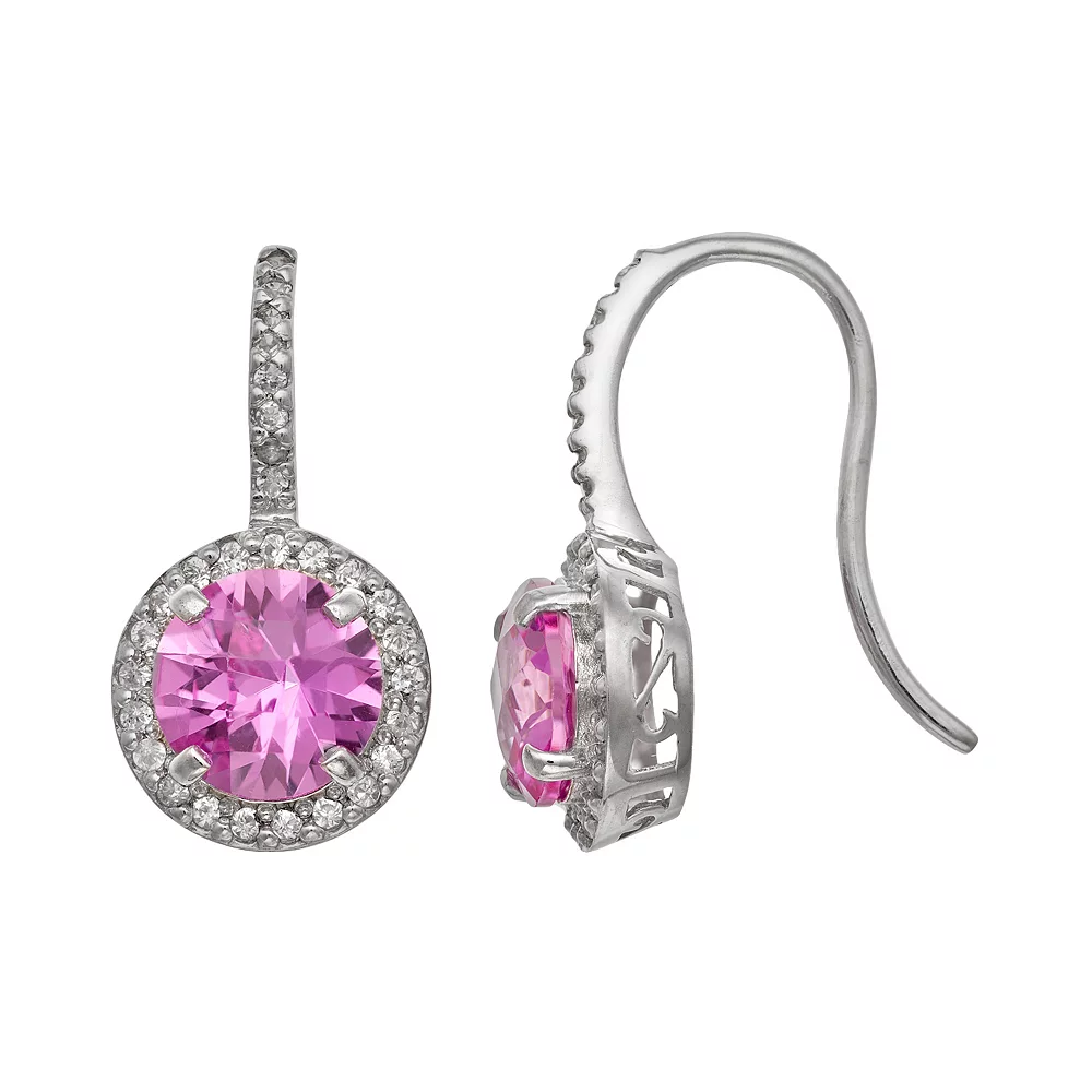 Designs By Gioelli Sterling Silver Lab-Created Pink Sapphire And Lab-Created White Sapphire Halo Drop Earrings 3 Designs By Gioelli Sterling Silver Lab-Created Pink Sapphire And Lab-Created White Sapphire Halo Drop Earrings