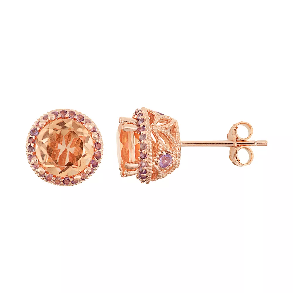 Designs By Gioelli 14k Rose Gold Over Silver Peach Quartz & Amethyst Halo Stud Earrings 3 Designs By Gioelli 14k Rose Gold Over Silver Peach Quartz & Amethyst Halo Stud Earrings