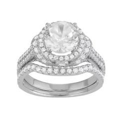 Designs By Gioelli Sterling Silver Lab-Created White Sapphire Halo Engagement Ring Set