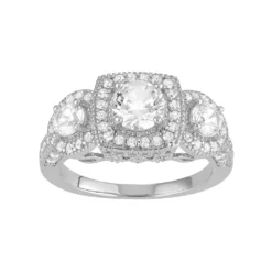 Designs By Gioelli Sterling Silver Lab-Created White Sapphire 3-Stone Halo Engagement Ring