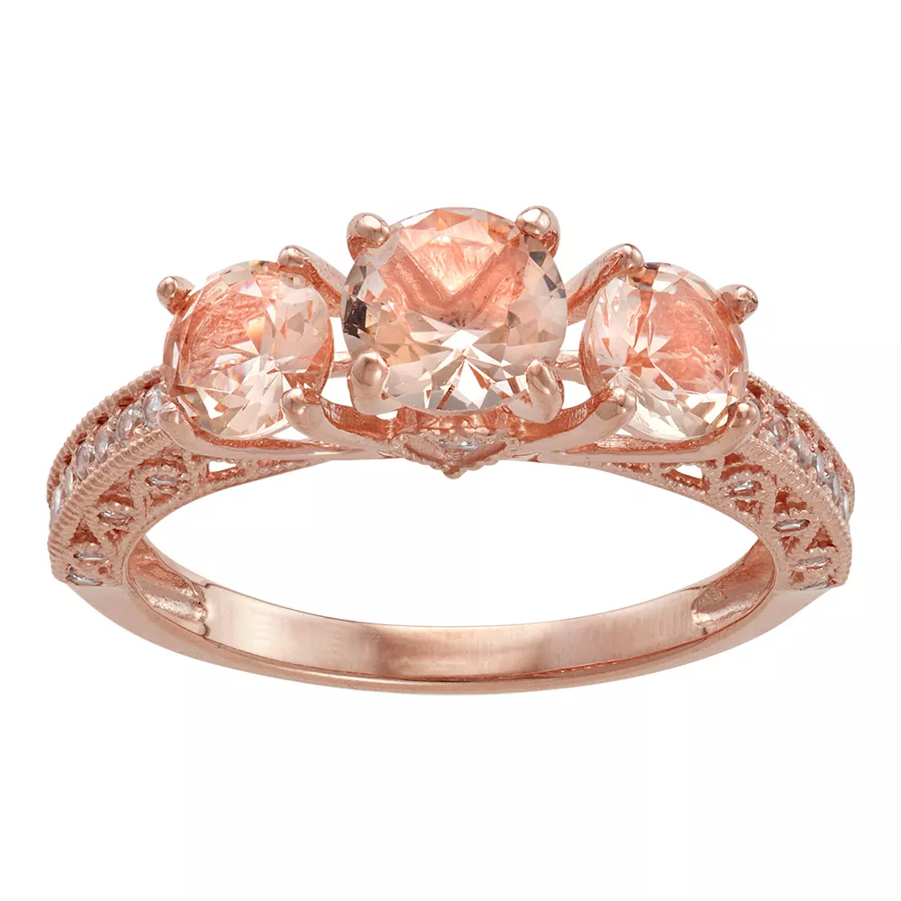Designs By Gioelli 10k Rose Gold Simulated Morganite & Lab-Created White Sapphire 3-Stone Ring 3 Designs By Gioelli 10k Rose Gold Simulated Morganite & Lab-Created White Sapphire 3-Stone Ring