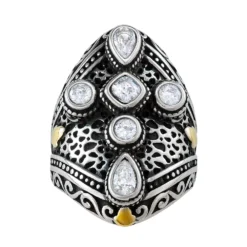 Designs By Gioelli Two Tone Sterling Silver Faceted Stone & Filigree Cross Ring